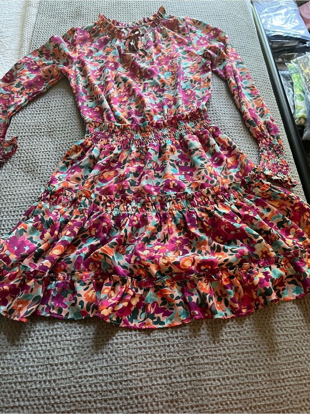 Smocked Waist Floral Mini Dress in Multi Pink - Picture 6 of 9
